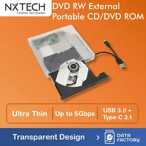 DVD RW Burner External Optical Drive CD/DVD ROM USB 3.0 + USB Type C 3.1 Optical Driver Player Reader Writer Burner Portable Transparent / Transparan CD DVD - NXTECH