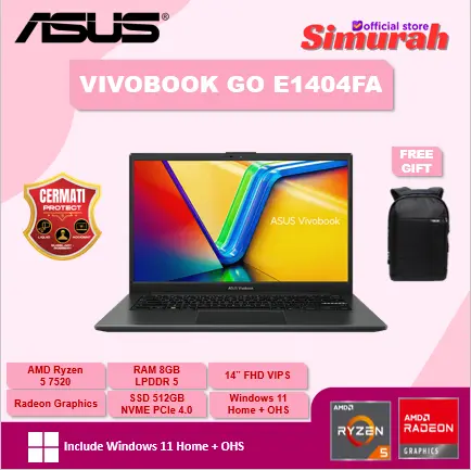Asus Vivobook GO 14 E1404FA Ryzen 5 7520 8GB 512GB W11+OHS 14.0 FHD IPS BLK -VIPS558