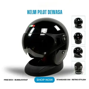 Helm Retro Pilot Italy Dewasa Hitam Glossy Half Face