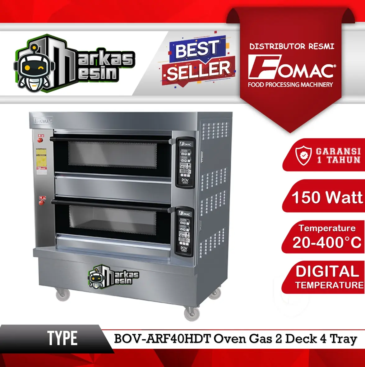 Gas Oven Roti 2 Deck 4 Tray Pemanggang Roti BOV-ARF40HDT FOMAC Digital Temperature