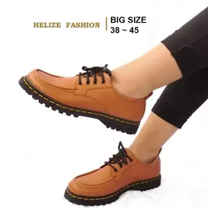 Ukuran 38-45 Sepatu Wanita Sepatu Flat Tali Loafers docmart Kulit Big Size Jumbo Tan,38