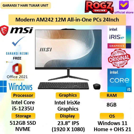 MSI Modern All In One AM242 Intel Core I5 Gen 1235U 8GB 512 SSD W 11 + OHS 24 Inch IPS MSI PC AIO