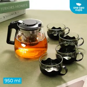 Teapot Set 5 in 1 Teko Teh Kaca 950ml dengan Saringan Stainless Steel with 4 Buah Cangkir Kitchenware Gagang