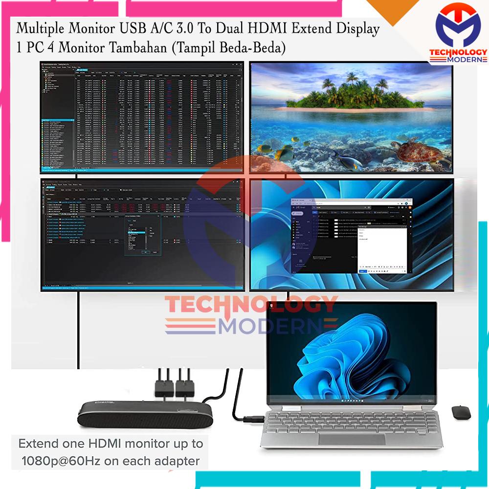 HDMI Extend 4 Monitor Display (Tampil Beda-Beda) USB A/C 3.0 Multiview With Only 1 PC/Laptop