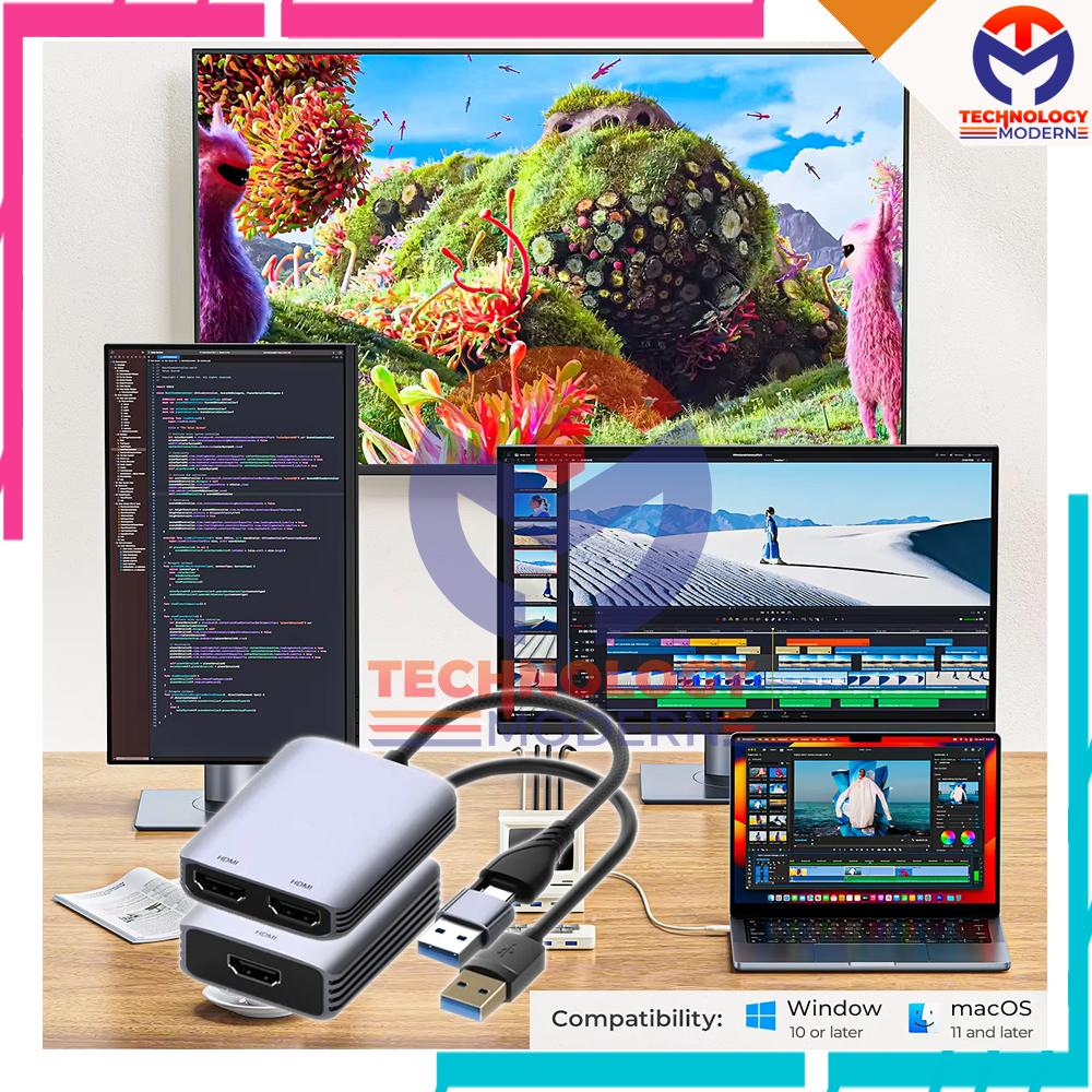 Multi Monitor Extend Display 1 PC Untuk 3 Monitor Tambahan (Beda-beda Tampilan) Support Windows & Mac
