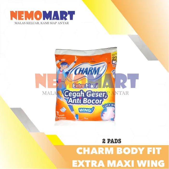 PEMBALUT SAYAP CHARM EXTRA MAXI WING SIZE 23 CM SACHET RENTENG ISI 2 PADS PCS BIJI BODY FIT 23CM SASET RENCENG BERSAYAP