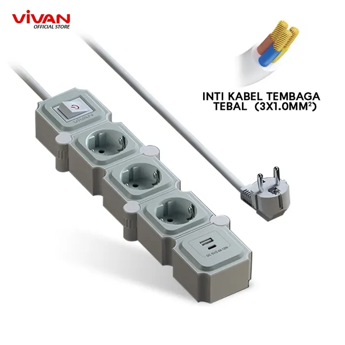 Gambar Saklar Adaptor Stop Kontak VIVAN VPS-H PRO Series - Colokan Multifungsi USB dan Type C Original Garansi 3 Tahun - Abu (3 Slot) dari ACOME IOT INDONESIA Kab. Tangerang 5 Tokopedia