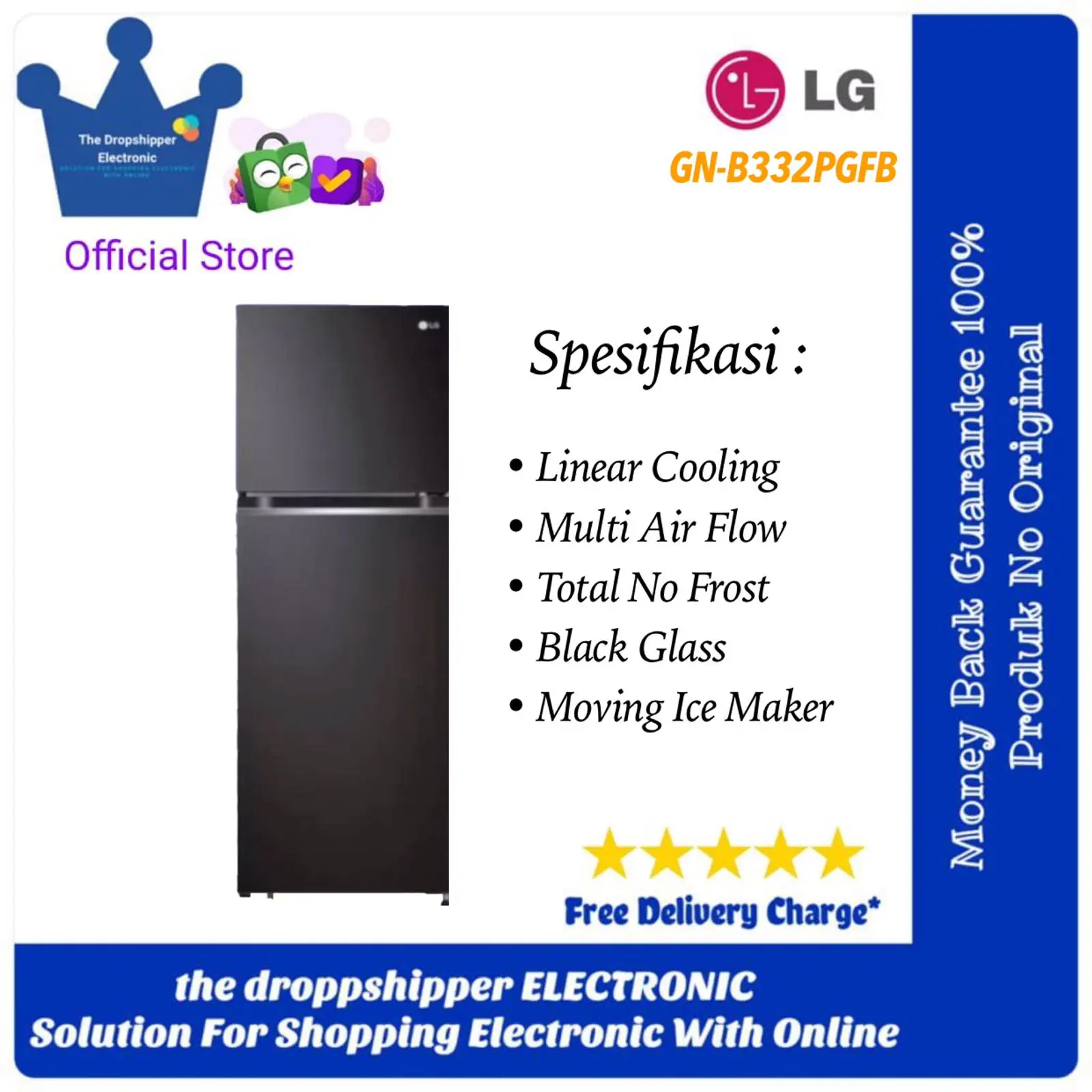 Kulkas 2 Pintu LG Smart Inverter GN-B332PGFB Warna Glass Black Kulkas LG GNB332PGFB