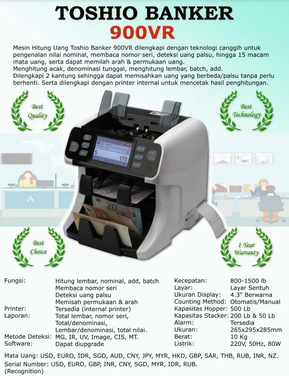 TOSHIO Mesin Hitung Uang Banker 900VR, 43 Mata Uang, Rupiah & Valas, Deteksi Nominal, Nomor Seri, Keaslian, Printer Internal, 2 Kantung, Garansi 3 Tahun, Teknologi Canggih, Software Upgrade Gratis