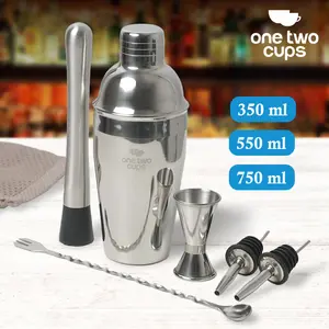 Botol Shaker Stainless Steel Set 350ml 550ml 750ml Pengocok Minuman Cocktail Bottle Peralatan Bar 6in1