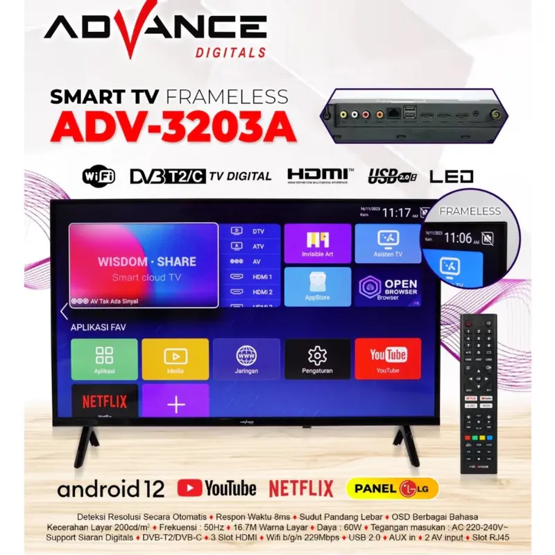 TV LED ADVANCE 32 INCH SMART ANDROID ADV 3203A TELEVISI HD 32 inch FULL HD TV Layar Hdmi 0