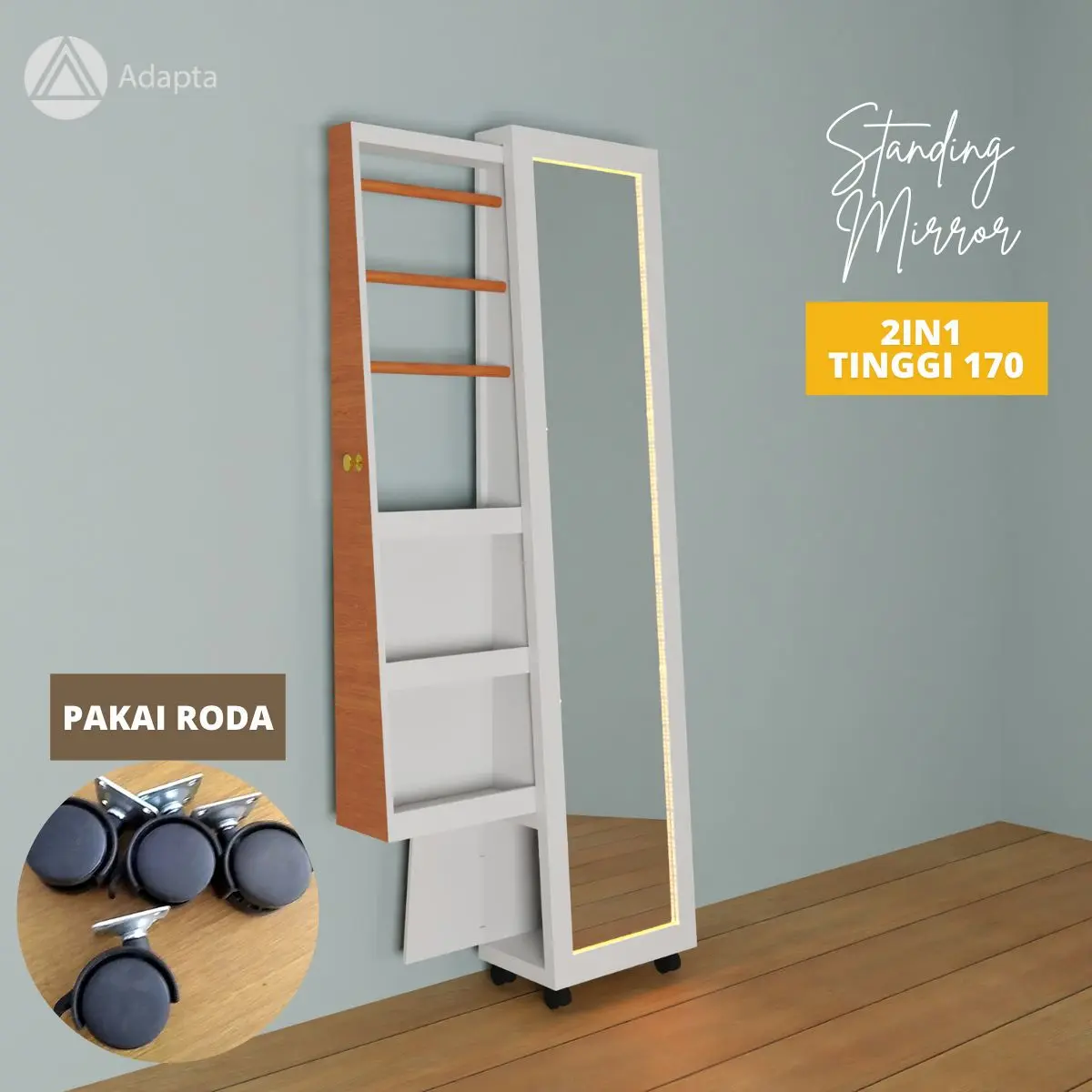 Adapta - Standing Mirror 2in1 Makeup & Hijab Tinggi 170cm  - Cermin Berdiri Kombinasi Make up Hijab