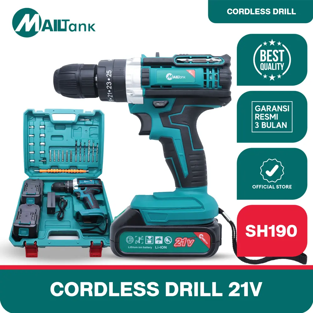 Mailtank SH190 Mesin Bor Baterai 21V Cordless Drill 10mm Dapat 2 Baterai BONUS KOPER DAN SET MATA BOR
