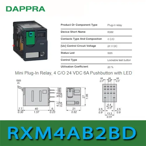 RXM4AB2BD Relay 24VDC 650Ohm 6A 4PDT RXM Series Power relay PS10 0
