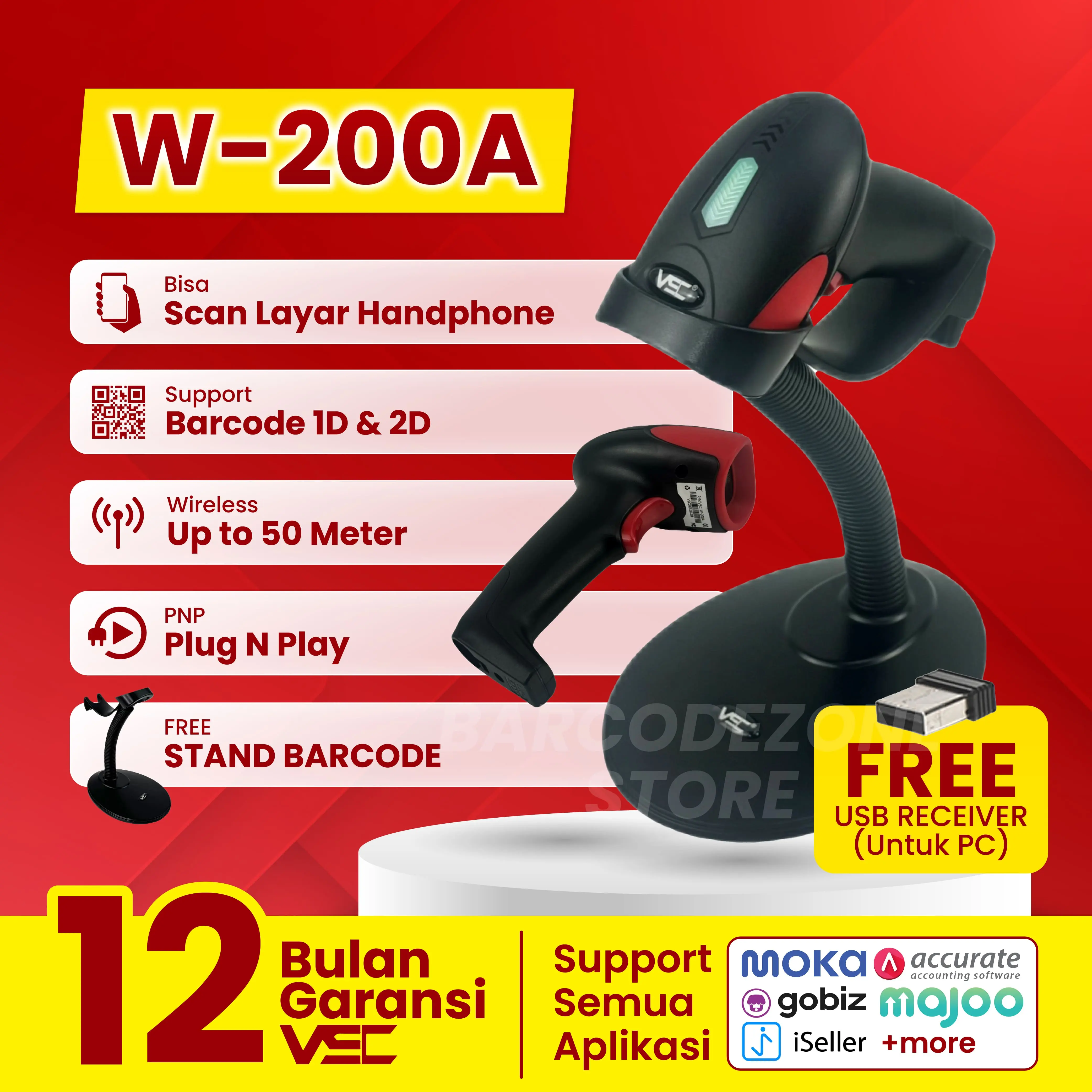 2D WIRELESS BARCODE SCANNER VSC W-200A WITH STAND AUTO SENSE - LASER