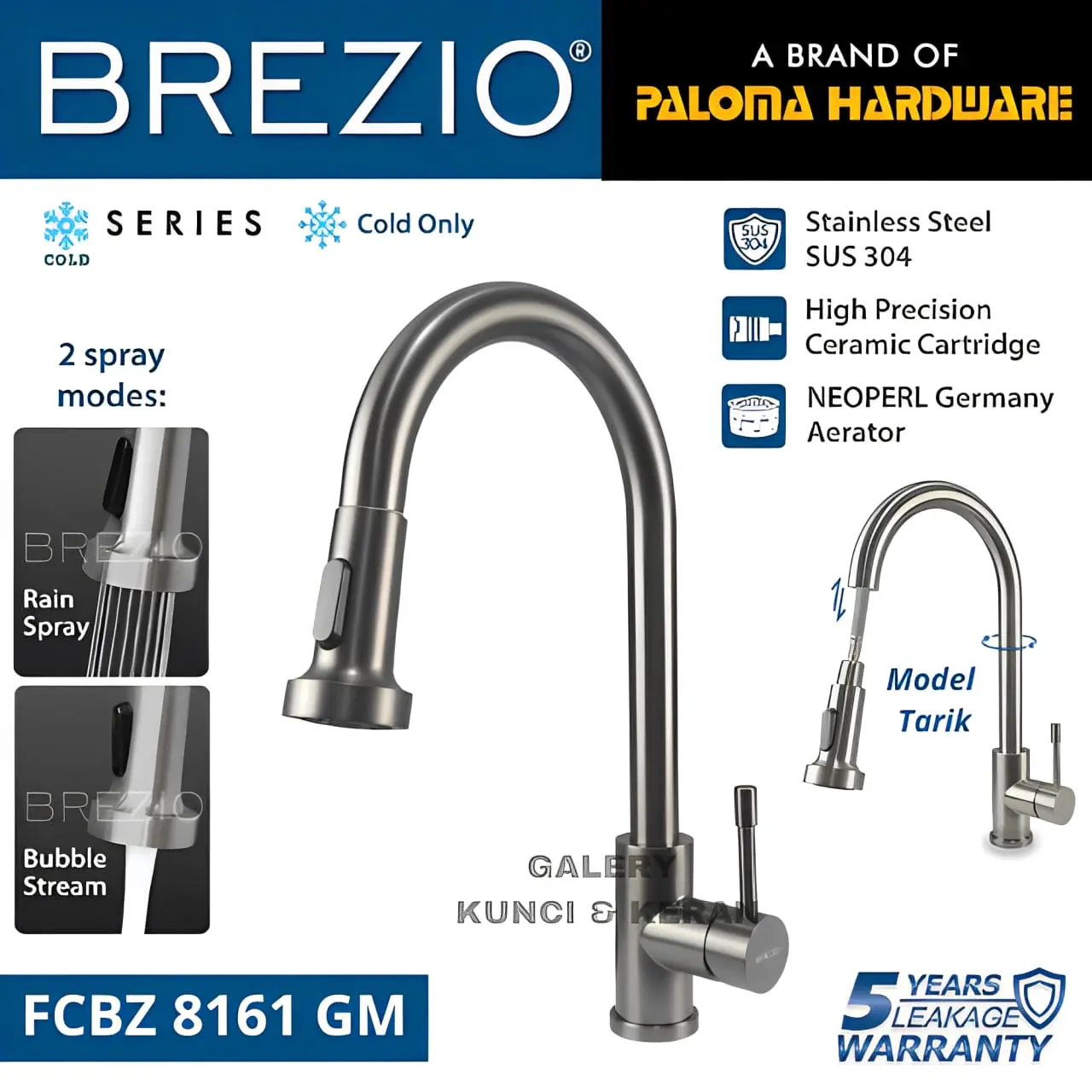 BREZIO Keran Dapur Cuci Piring FCBZ 8161 GM COLD ONLY Fleksibel Tarik Kran Air Sink Fleksibel Pull Out Down Gunmetal