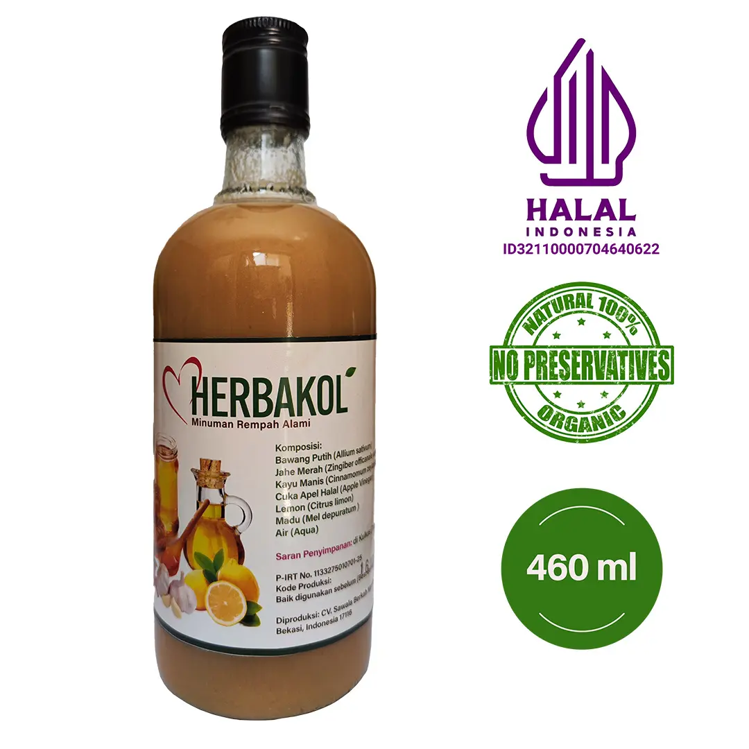 HERBAKOL Jus Herbal Bawang Putih+Jahe Merah +Lemon +Cuka Apel+Madu Hutan  Garlic Juice Minuman Botol Kaca