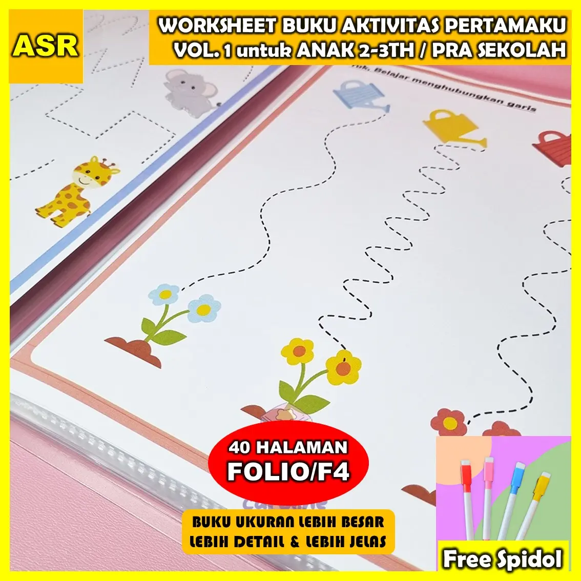 (VOL. 1) WORKSHEET ANAK BUKU AKTIFITAS PERTAMA ANAK PRESCHOOL PRA SEKOLAH USIA 2-3 TAHUN BISA DI HAPUS WIPE AND CLEAN