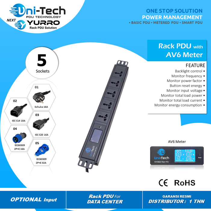Jual Uni-Tech Rack PDU 5 Soket Universal dengan AV6 Meter GB2099.3 220 ...