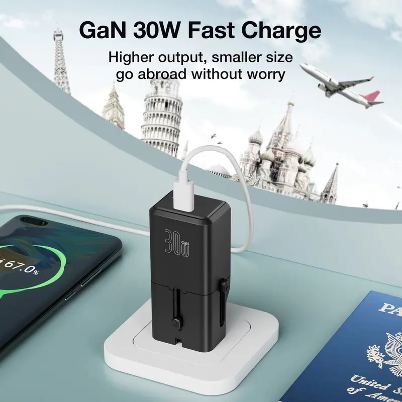 KiiP C23T Charger Travel Adapter 30W USB TYPE C Gan Mini Size Portable USA , EU , UK UK , AUS 3
