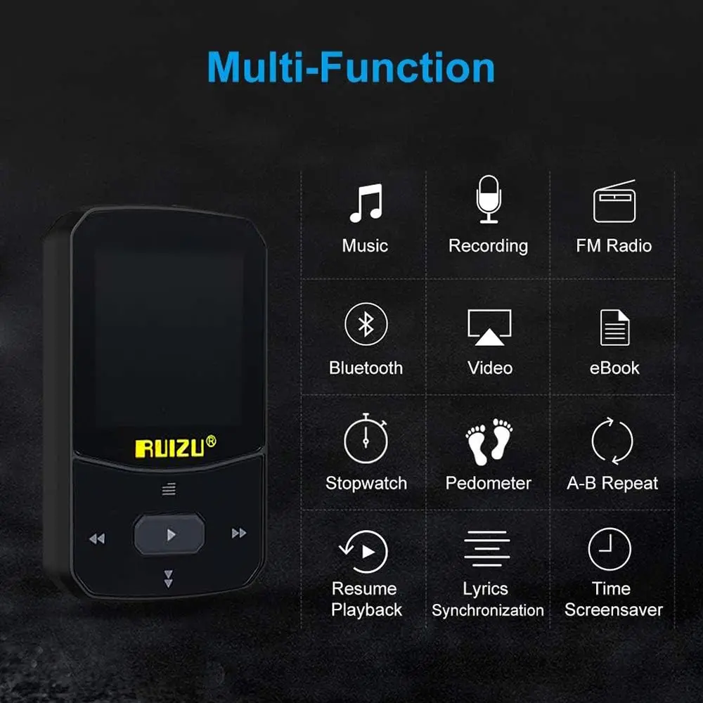 MP3 Player Bluetooth 5.0 Sport Pedometer Stopwatch Portable Clip 8GB Hitam X52 RUIZU
