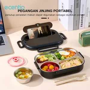 ecentio 1L Kotak Makan stainless 304 Tempat Makan Lunch Box 4/5 Sekat Hitam Kitchenware Sendok Steel Sumpit