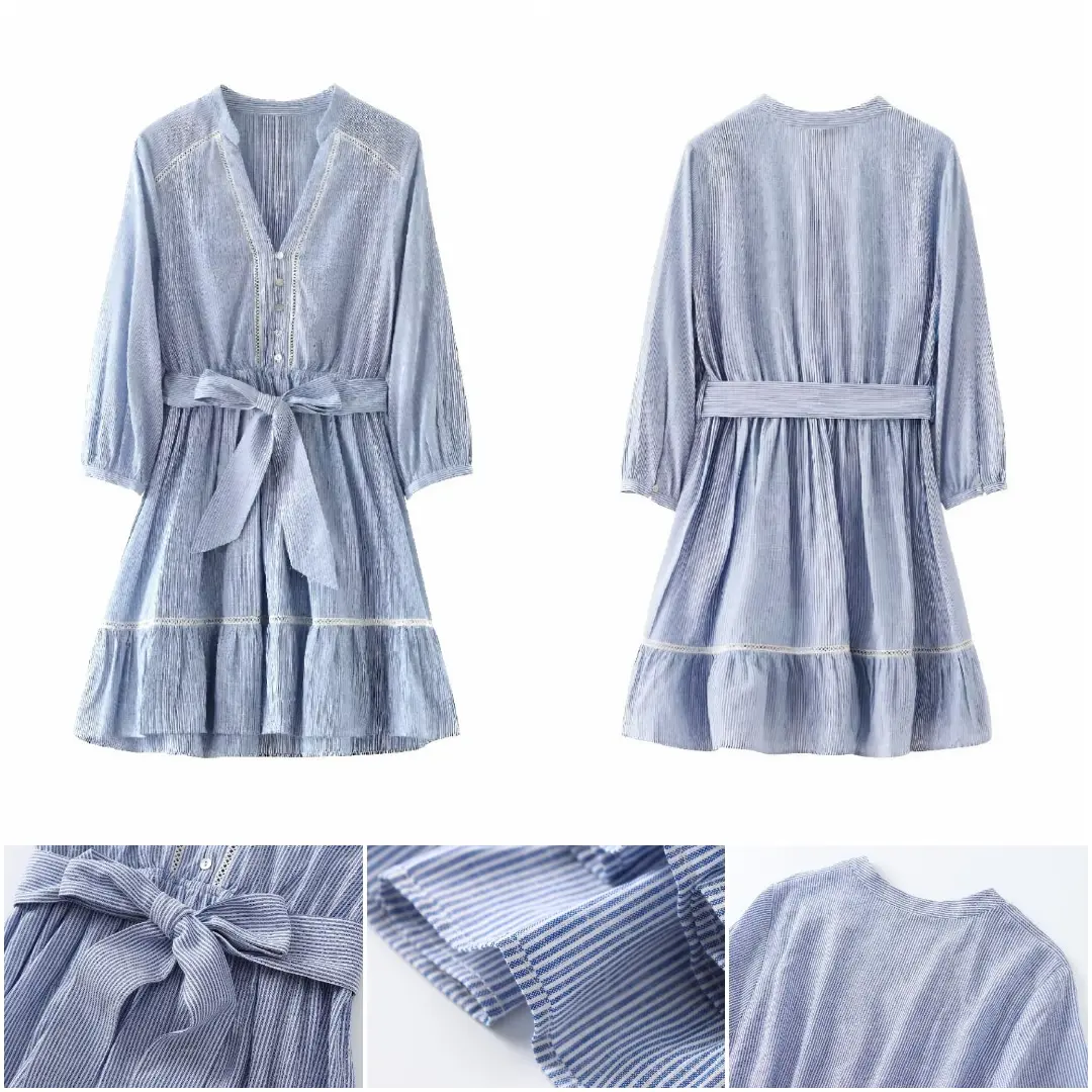 DRESS KASUAL WANITA WARNA BIRU MODEL GARIS V NECK IMPORT PREMIUM