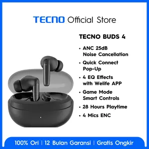 TECNO TWS Buds 4 - 28 Hours Battery Life, Dual Mic ENC, ANC Noise Cancellation, Ergonomic Design, Quick Connection, Garansi 12 Bulan