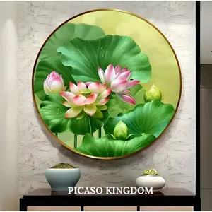 Wall Painting Porcelain Bulat 5D Diamond Bunga Lotus Aluminium Gold Frame