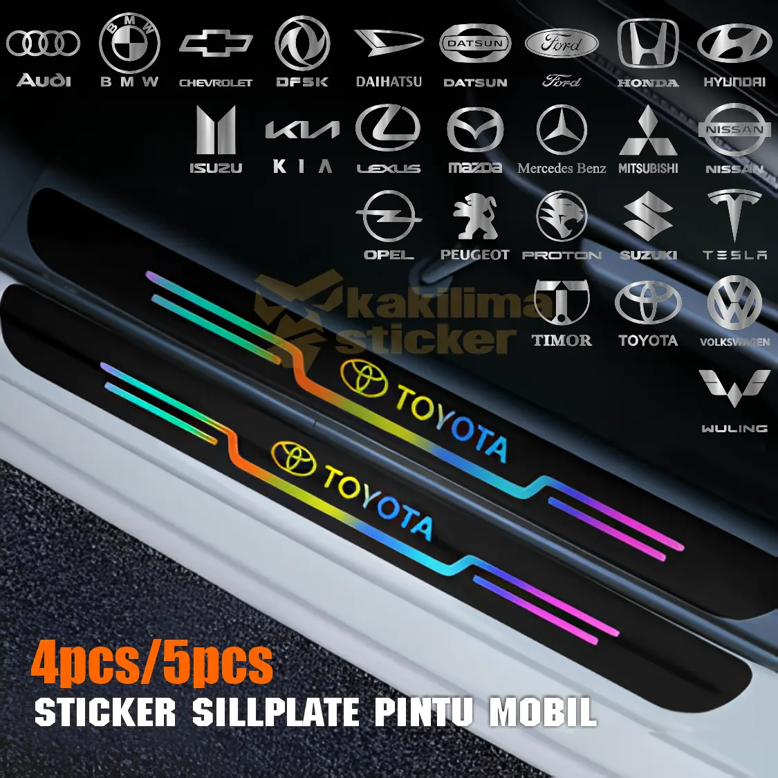 4Pcs/5Pcs Sticker Mobil Pelindung Sill Plate / Stiker Pelindung Pijakan Lantai Pintu Mobil / Pelindung Sill Plate Pintu Mobil Berwarna-warni hologram rainbow pelangi sticker mobil sticker sport sticker racing sticker viral sticker fyp stiker mobil