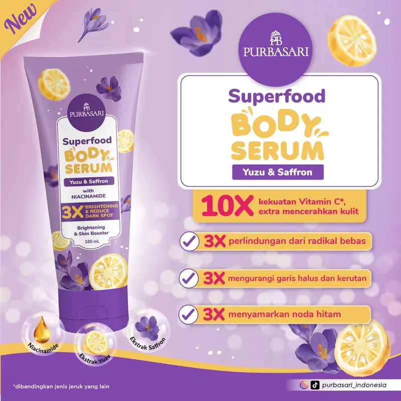 Purbasari Superfood Body Serum 180ml | Yuzu Zaffron | Pineapple Royal Jelly | Watermelon Moringa 1