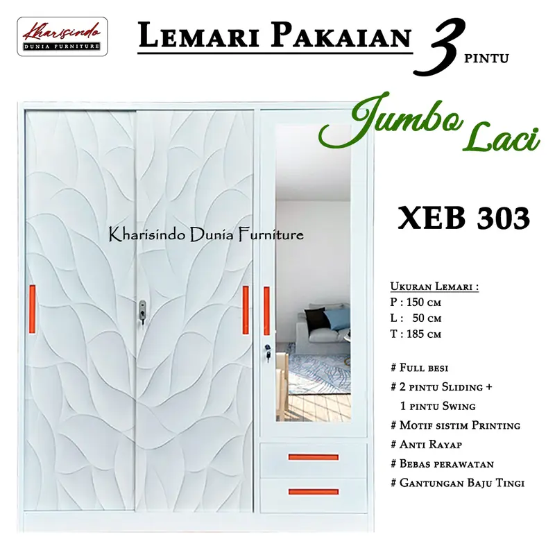 Lemari Pakaian 3 Pintu Jumbo + Laci / XEB 301 , 303 , 325 / FULL bahan BESI / 150cm 1
