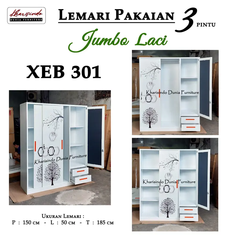 Lemari Pakaian 3 Pintu Jumbo + Laci / XEB 301 , 303 , 325 / FULL bahan BESI / 150cm 5