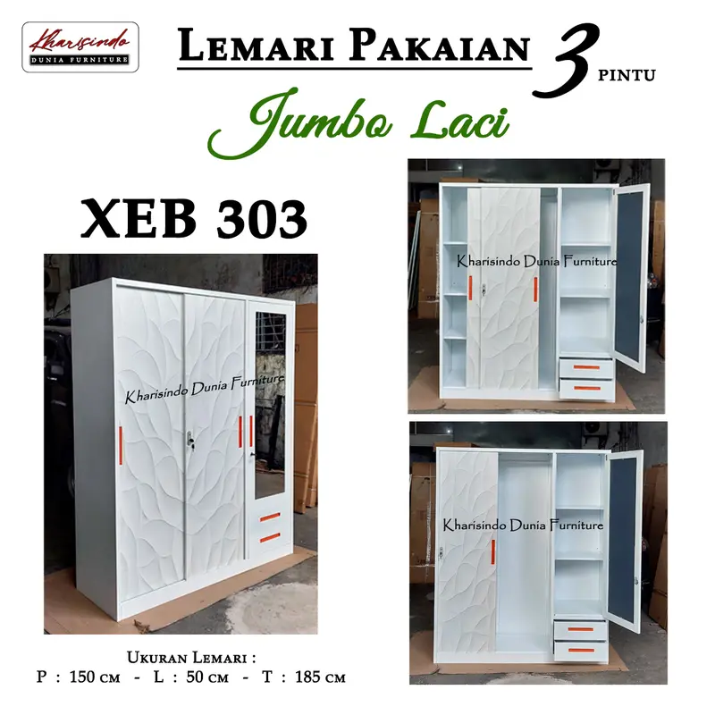 Lemari Pakaian 3 Pintu Jumbo + Laci / XEB 301 , 303 , 325 / FULL bahan BESI / 150cm 4