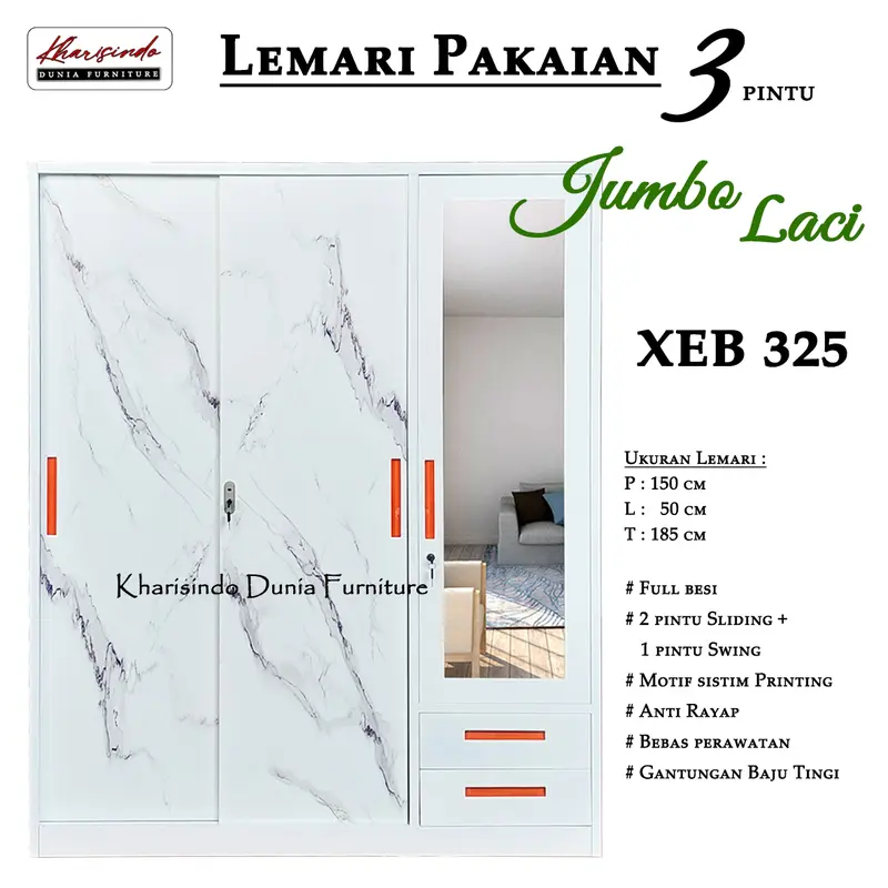 Lemari Pakaian 3 Pintu Jumbo + Laci / XEB 301 , 303 , 325 / FULL bahan BESI / 150cm 3