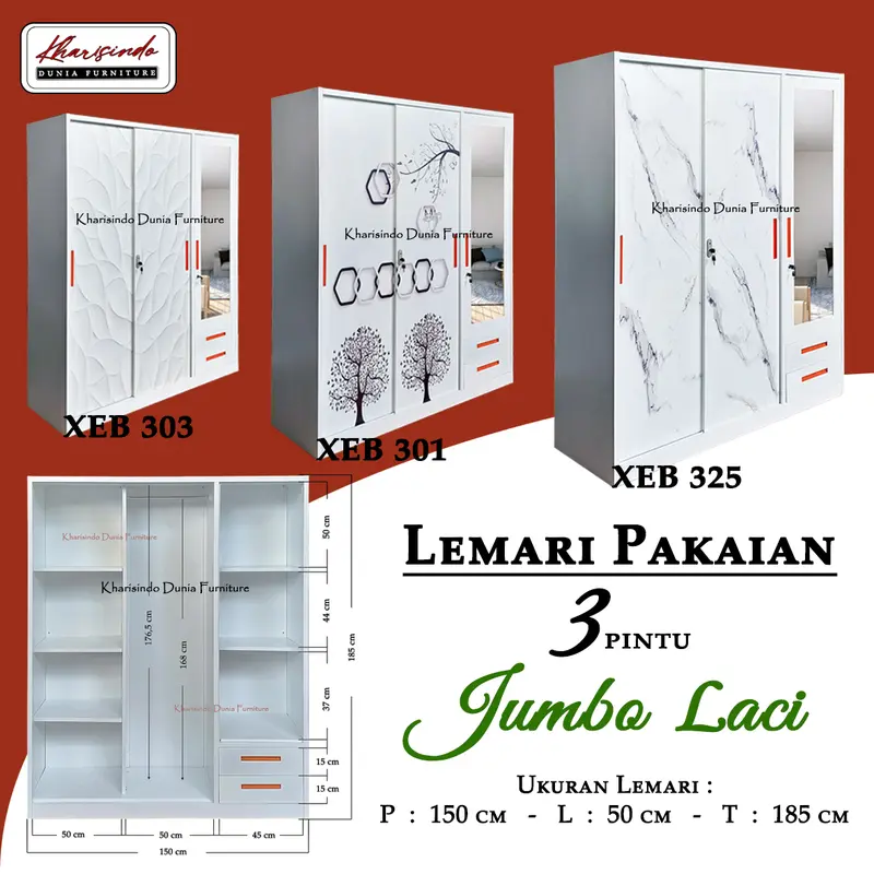 Lemari Pakaian 3 Pintu Jumbo + Laci / XEB 301 , 303 , 325 / FULL bahan BESI / 150cm 0