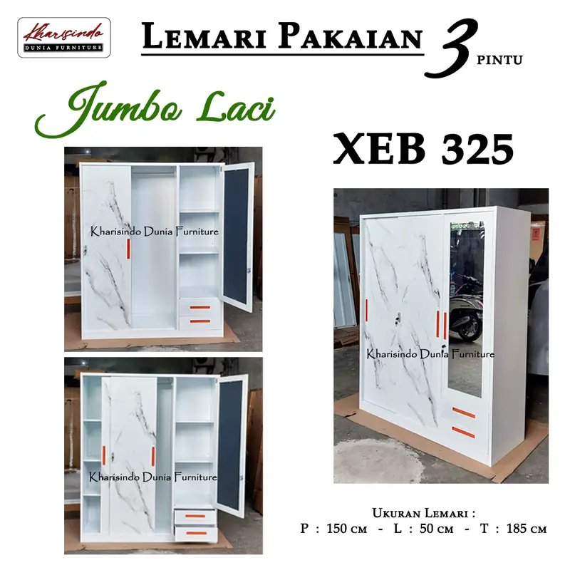 Lemari Pakaian 3 Pintu Jumbo + Laci / XEB 301 , 303 , 325 / FULL bahan BESI / 150cm 6