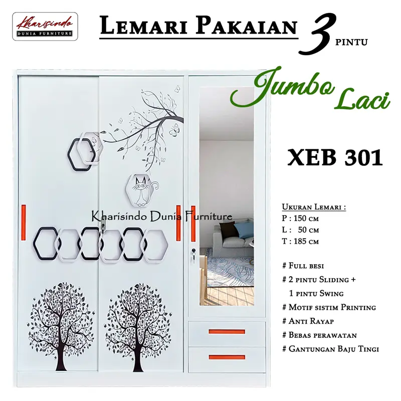 Lemari Pakaian 3 Pintu Jumbo + Laci / XEB 301 , 303 , 325 / FULL bahan BESI / 150cm 2