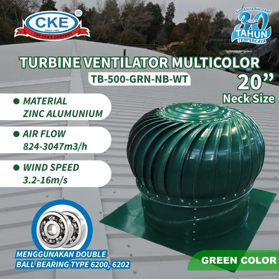 Turbin Ventilator Multicolor 20 Inch Green Color TB-500-GRN-NB-WT Ventilasi Atap Rumah Gedung Pabrik Gudang