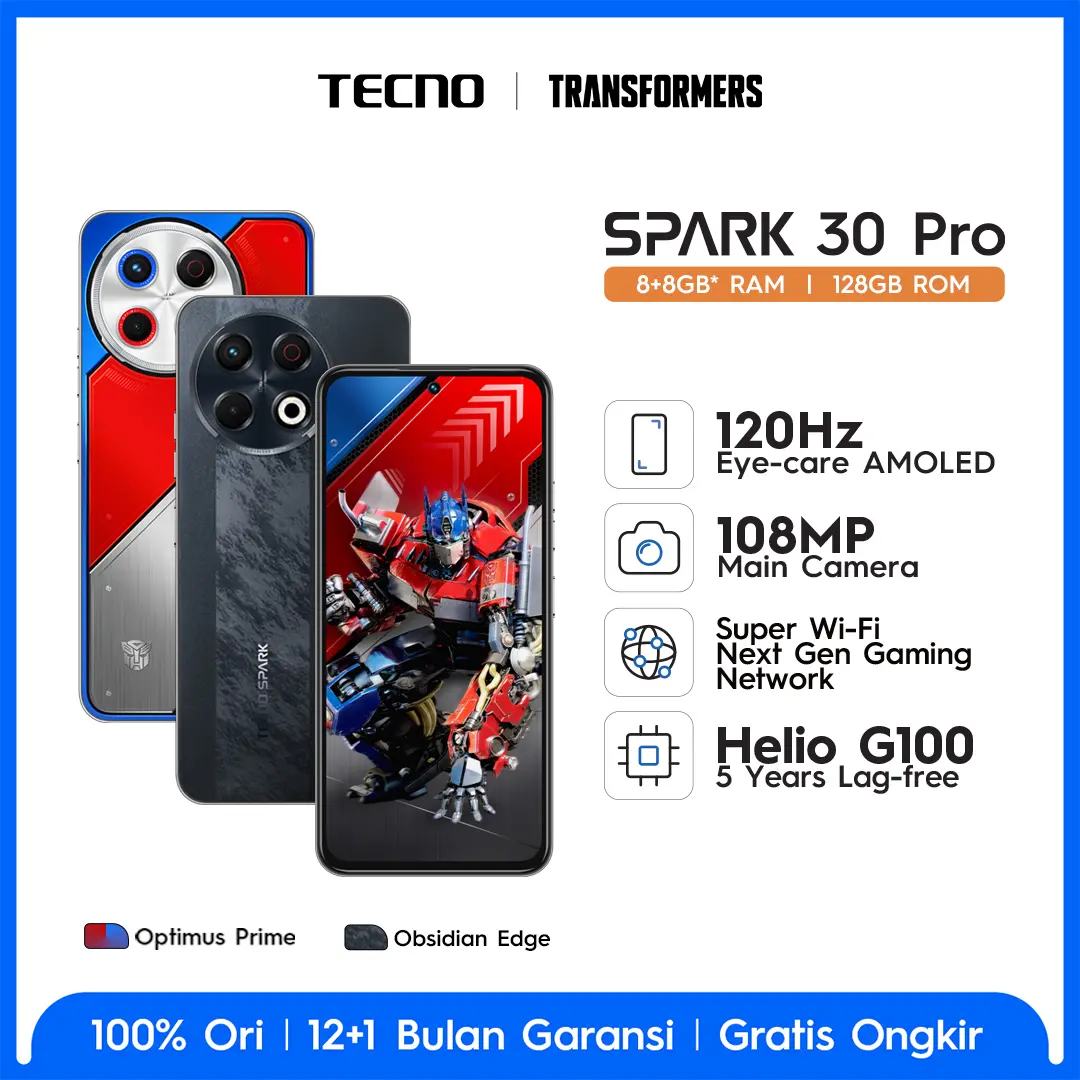 TECNO SPARK 30 Pro - 8+8GB*+128GB, 120Hz Eye Care AMOLED Display, 108MP Main Camera, Super Wi-fi, 5.000mAh + Bypass Charging, MediaTek Helio G100, 4.5G Fast Network, Android 14, Garansi 12+1 Bulan