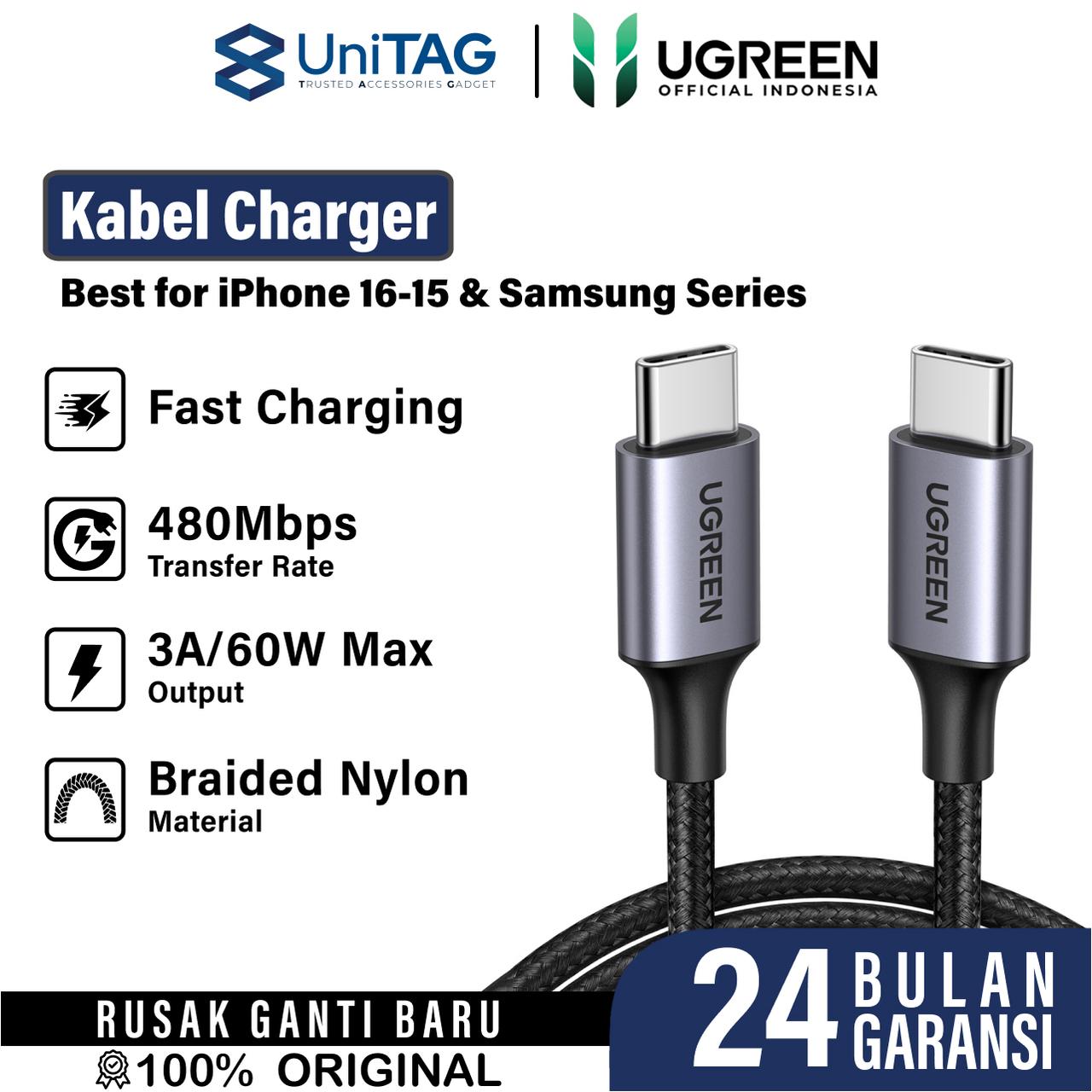 UGREEN Kabel Charger USB C - USB C PD 60W Braided 1m - Gray US567 15373-1