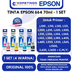 TKDN BOX 1 Set 4 Warna T 664 70ml Tinta Epson Jamin 100% Original Box T664 L100, L110, L120, L121, L200, L210, L220, L300, L310, L350, L355, L360, L365, L380, L385, L405, L485, L550, L555, L565, L655, L1300, L1455 - T664