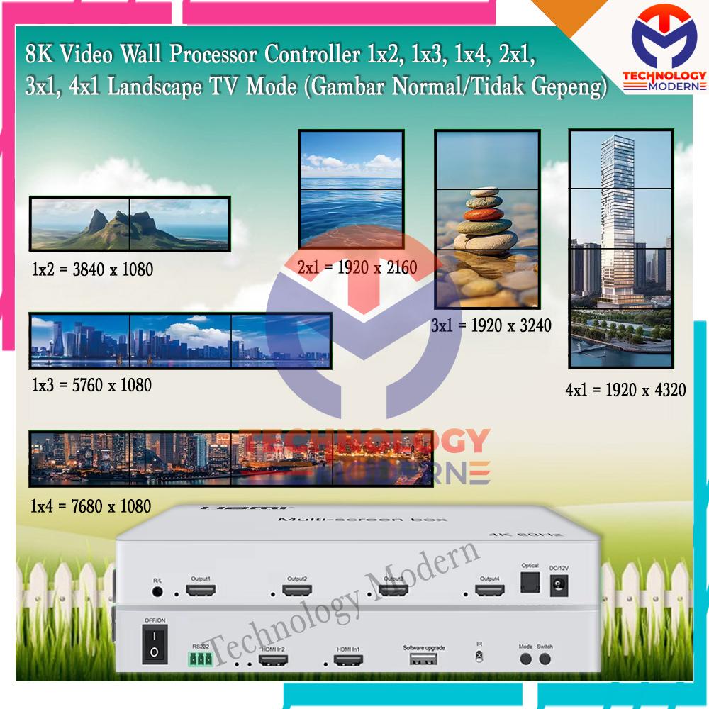 8K HDMI Video Wall Processor Controller 1x2, 1x3, 1x4, 2x1, 3x1, 4x1 Landscape TV Mode (Gambar Normal/Tidak Gepeng)