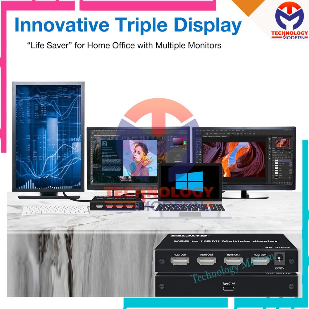 4K HDMI Extend 3 Monitor Display (Tampil Beda-Beda) USB 3.0 Multiview - Extend Only