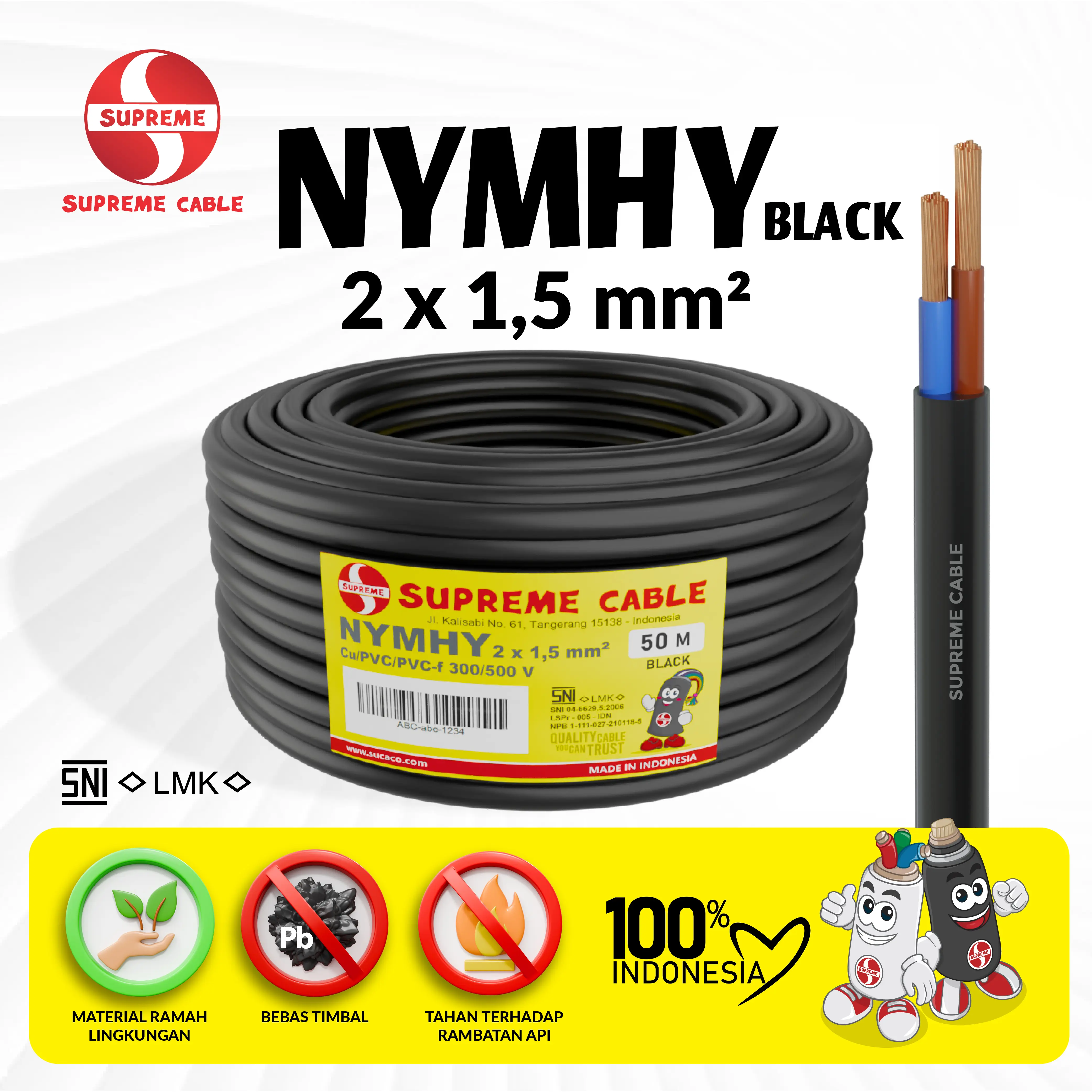 SUPREME CABLE - Kabel Listrik Serabut Tembaga Murni Fleksibel - NYMHY BLACK/NYYHY 2 x 1.5 mm 50m