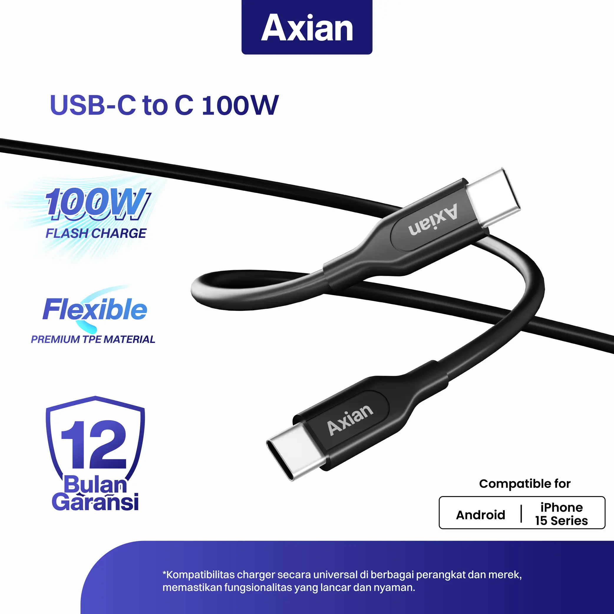 Kabel Data USB C to USB C AXIAN 5A PD Fast Charging UP TO 100W