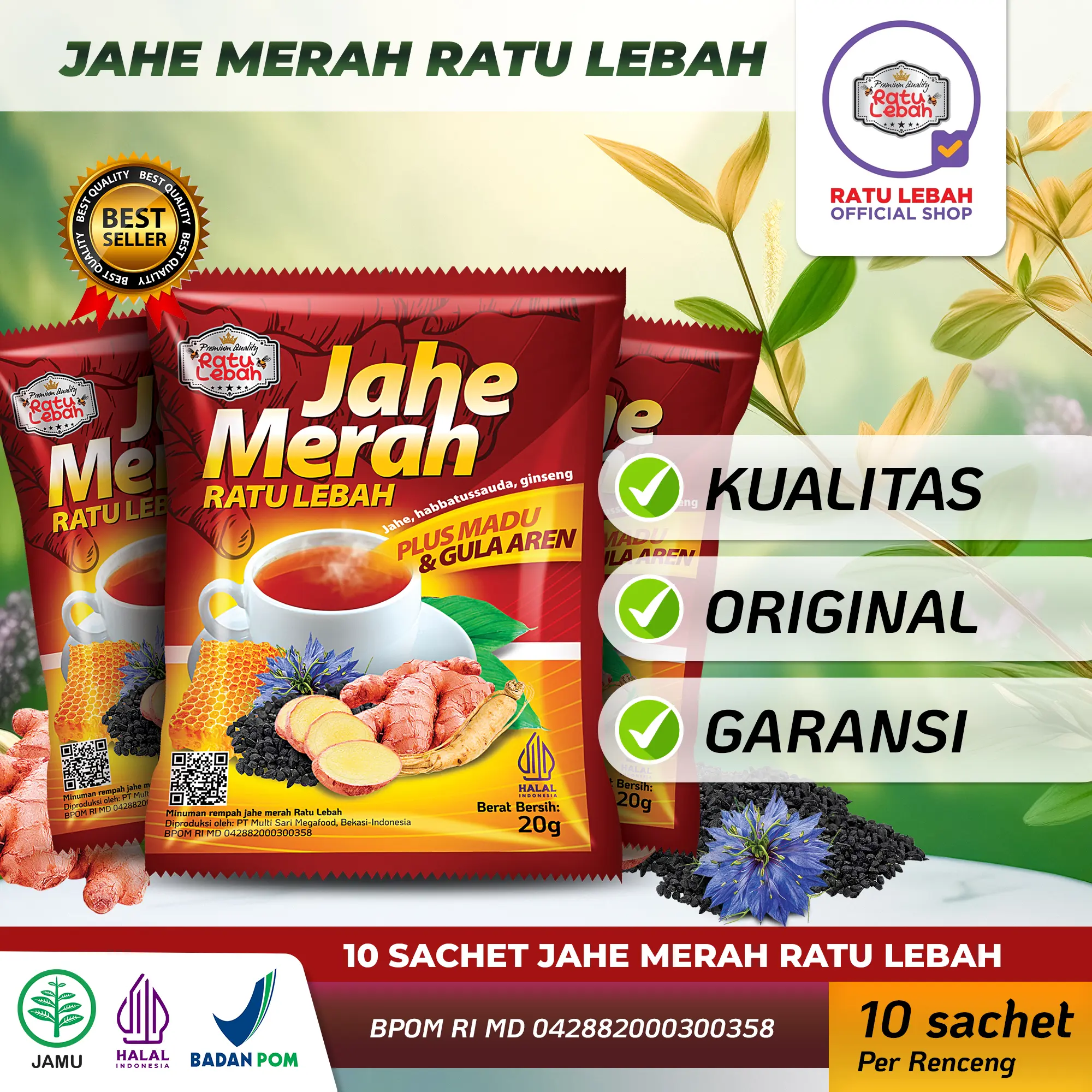 Ratu Lebah Jahe Merah Plus Madu dan Gula Aren 1 Renceng [10 Sachet]