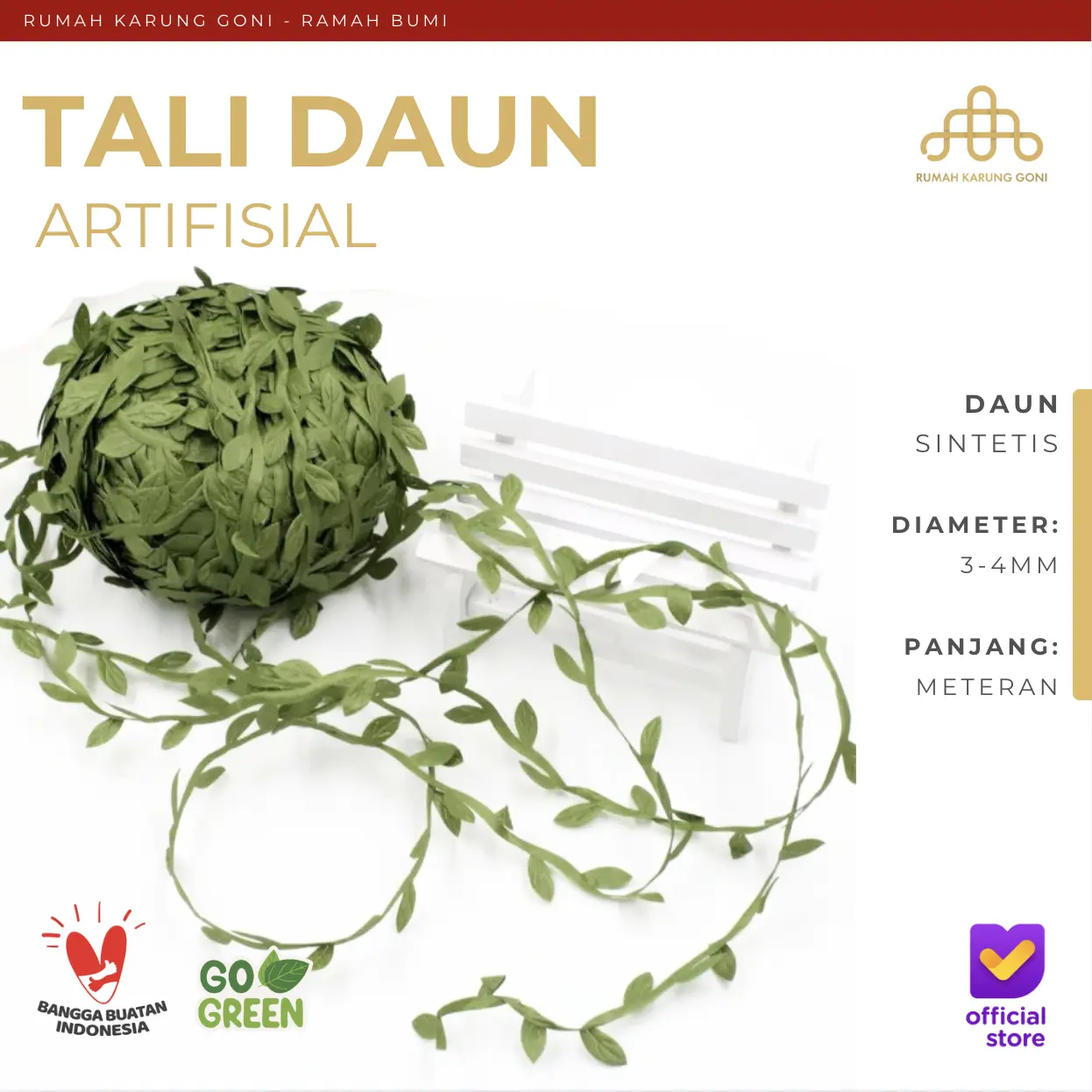 Tali Daun Bahan DIY Per Meter - Tali Pita Motif Daun Hijau - Pita Daun