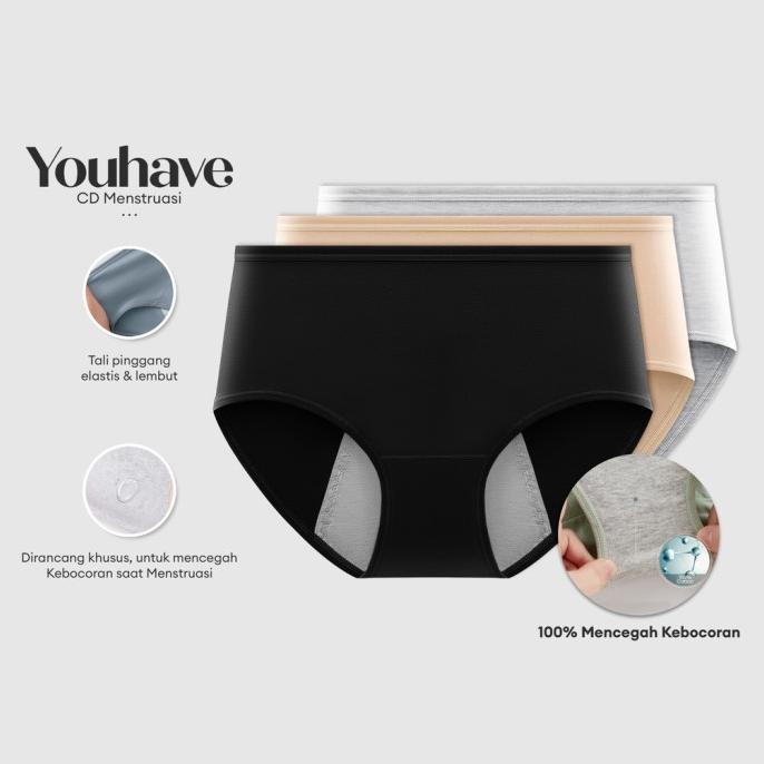 YouHave ( You’ve ) 3 PCS Celana Dalam Menstruasi Haid Menstrual Panties Katun Murni Maxi Wanita Panty Woman Women Panty Bahan Katun Haid Sanitary Panty CD 300104 - MULTICOLOR, XL