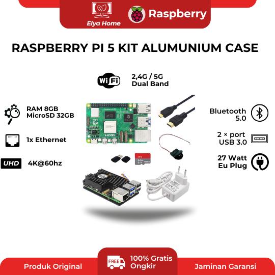 Raspberry Pi 5 Kit 8GB RAM Power Supply 27W RTC Micro SD Alumunium ...